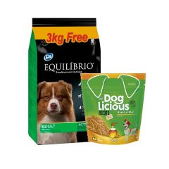 Equilibrio adulto 15+3kg + snack Dog Licious 500g (Exclusivo online)